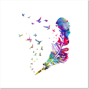 Little birds flying from feather Posters and Art